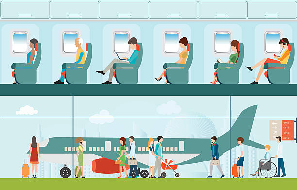 ilustrações de stock, clip art, desenhos animados e ícones de avião de passageiros no terminal de aeroporto e avião interior. - vector blue airport arrival departure board