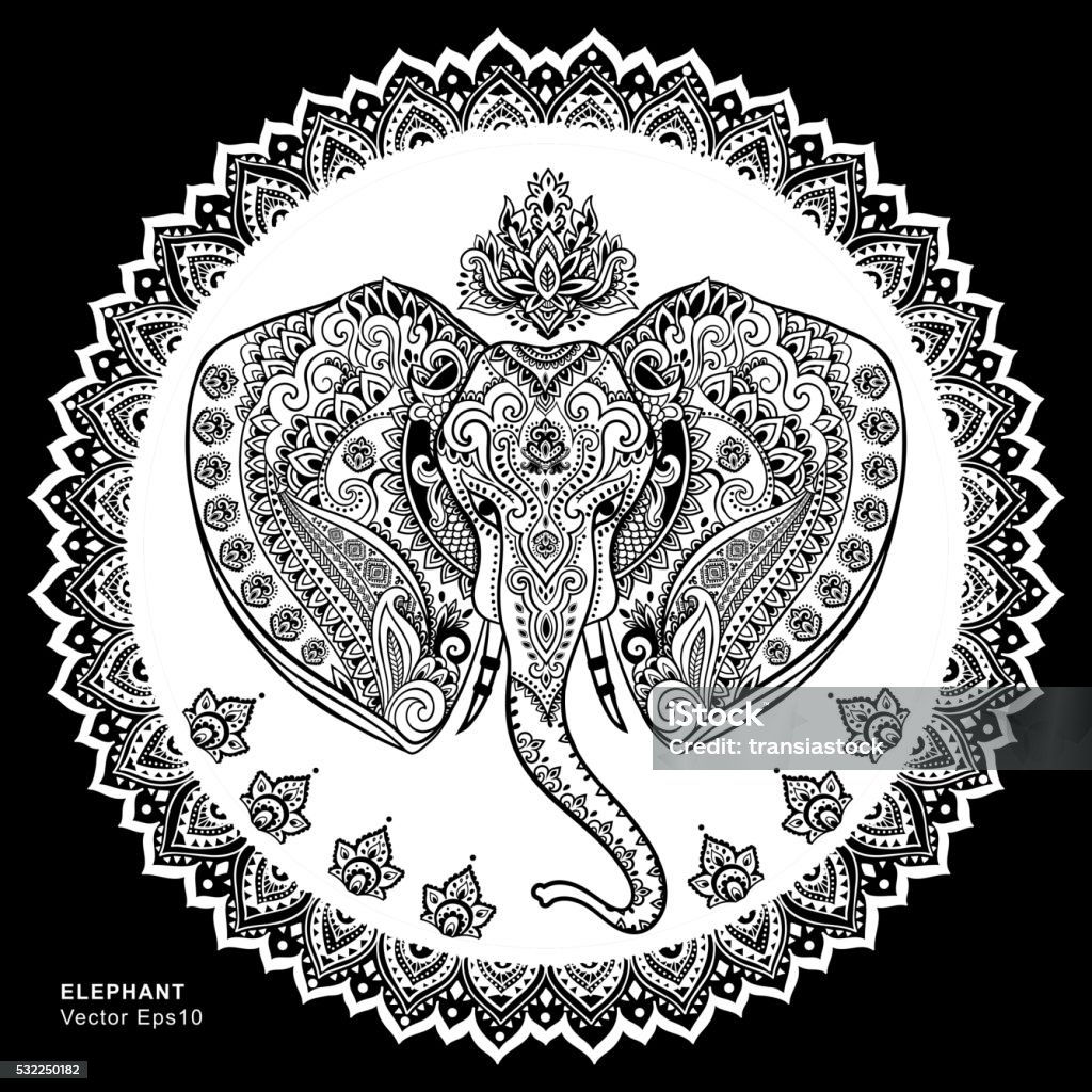 Vintage Indian elephant with tribal ornaments. Mandala greeting Vintage Indian elephant with tribal ornaments. Floral mandala greeting card. Animal stock vector