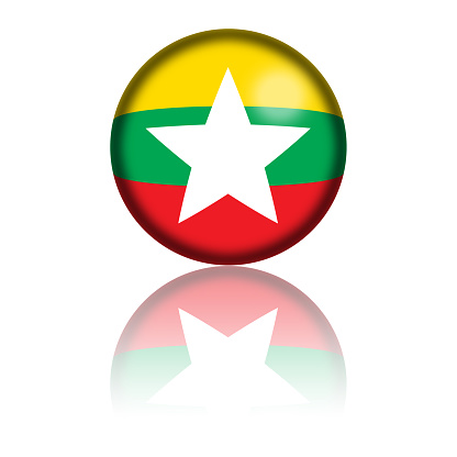 Sphere of Myanmar flag with reflection at bottom.