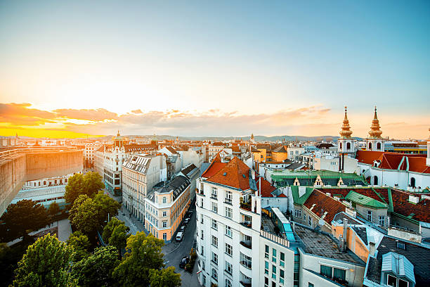 paesaggio urbano di vienna, in austria - church built structure building exterior architecture foto e immagini stock