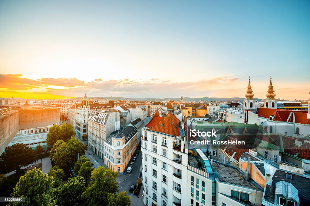 Vienna cityscape in Austria Panoramic cityscape view on Vienna city with Mariahilfer church towers on the sunset in Austria Vienna - Austria Stock Photo