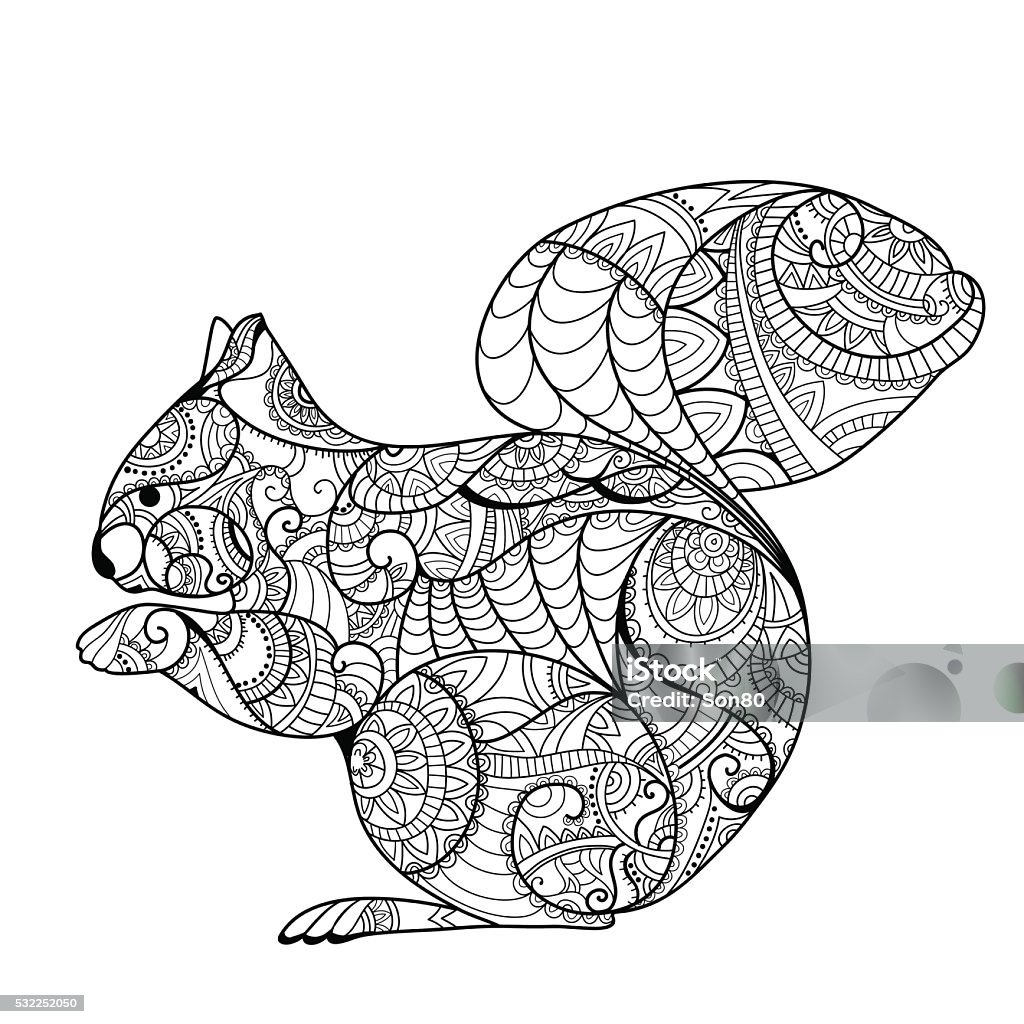 Print Squirrel. Coloring book. Hand drawn funny squirrel with nut for adult anti stress Coloring Page with high details isolated on white background, illustration in style.Vector Adult stock vector