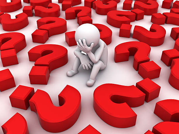 Stressed 3d man sitting amongst red question marks Stressed 3d man sitting amongst red question marks on white background , Too many problems concept. question mark depression sitting asking stock pictures, royalty-free photos & images