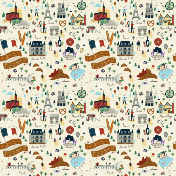 seamless pattern of travel france - fransa illüstrasyonlar stock illustrations
