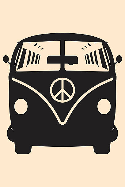 Minivan Hippie Vector pop art illustration. Minivan Hippie Silhouette mini van stock illustrations