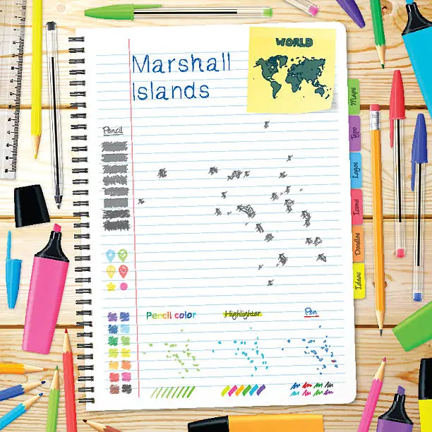 Vector illustration of Marshall Islands maps hand drawn on notebook. Wooden Background