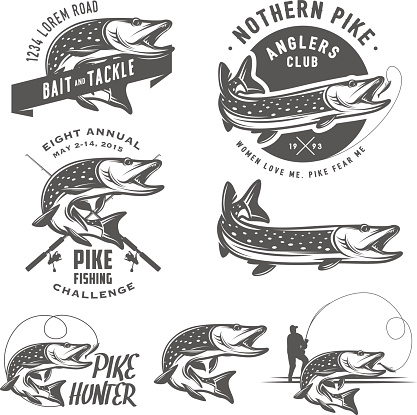 Vintage pike fishing emblems, labels and design elements.