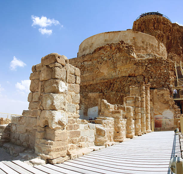 Scenic view of the cliff with a flat platform on the top shot from the air. Ancient isolated settlement on the plateau in Judean desert, Israel. Archaeological works. Ruins of ancient fortification.