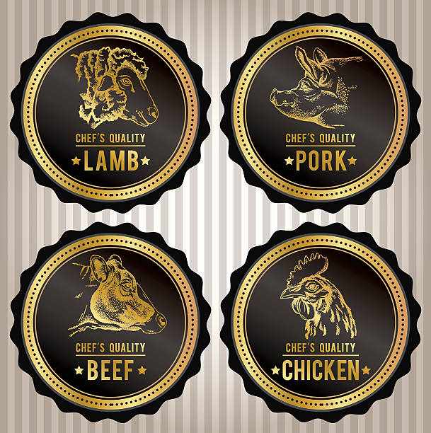 Gold Vintage Meat Labels Set of high-end quality guaranteed food packaging labels in gold and black: beef, lamb, pork and chicken. pig silhouettes stock illustrations