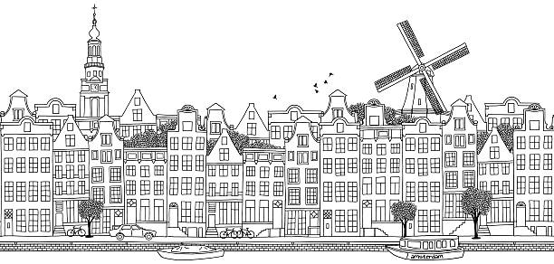 ilustraciones, imágenes clip art, dibujos animados e iconos de stock de bandera de amsterdam, vista panorámica - amsterdam netherlands city skyline