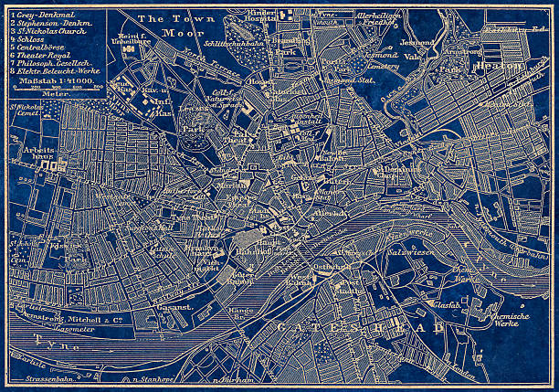 Newcastle Upon Tyne Antique illustration of old Newcastle Upon Tyne map modern map north east england uk stock illustrations
