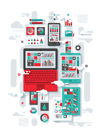 A concept illustration with flat design-styled vectors themed on cloud analytics. EPS 10 file, layered & grouped, 
