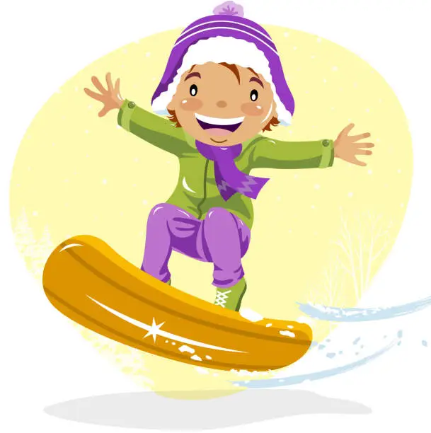 Vector illustration of Teenage Boy Snowboarding in Winter