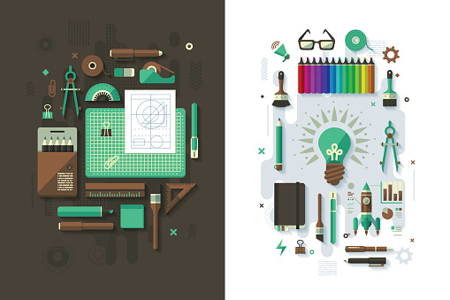 Concept illustrations with flat design-styled vectors themed on drafting & creativity. EPS 10 file, layered & grouped, 