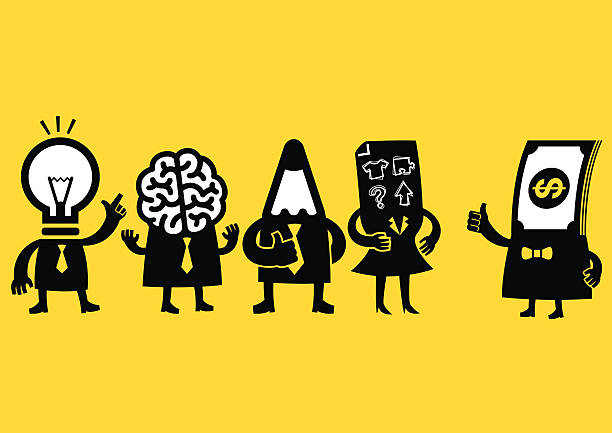 Creative Business Team & Investor | Yellow Business Creative business team (Bulb, Pencil, Brain, Plan) meeting their investor. pencil cartoon stock illustrations