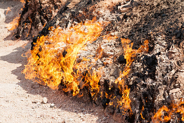 Yanar Dag - burning mountain. Azerbaijan. closeup stock photo