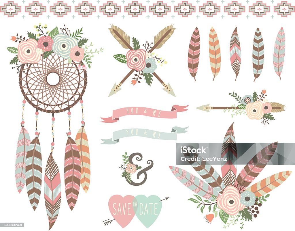 Floral Tribal Elements A vector illustration of Floral Tribal Elements. Perfect for Weeding, valentine's, Mother's day and many more.  Illustrations themed with floral, floral frame and wreath elements.  Dreamcatcher stock vector