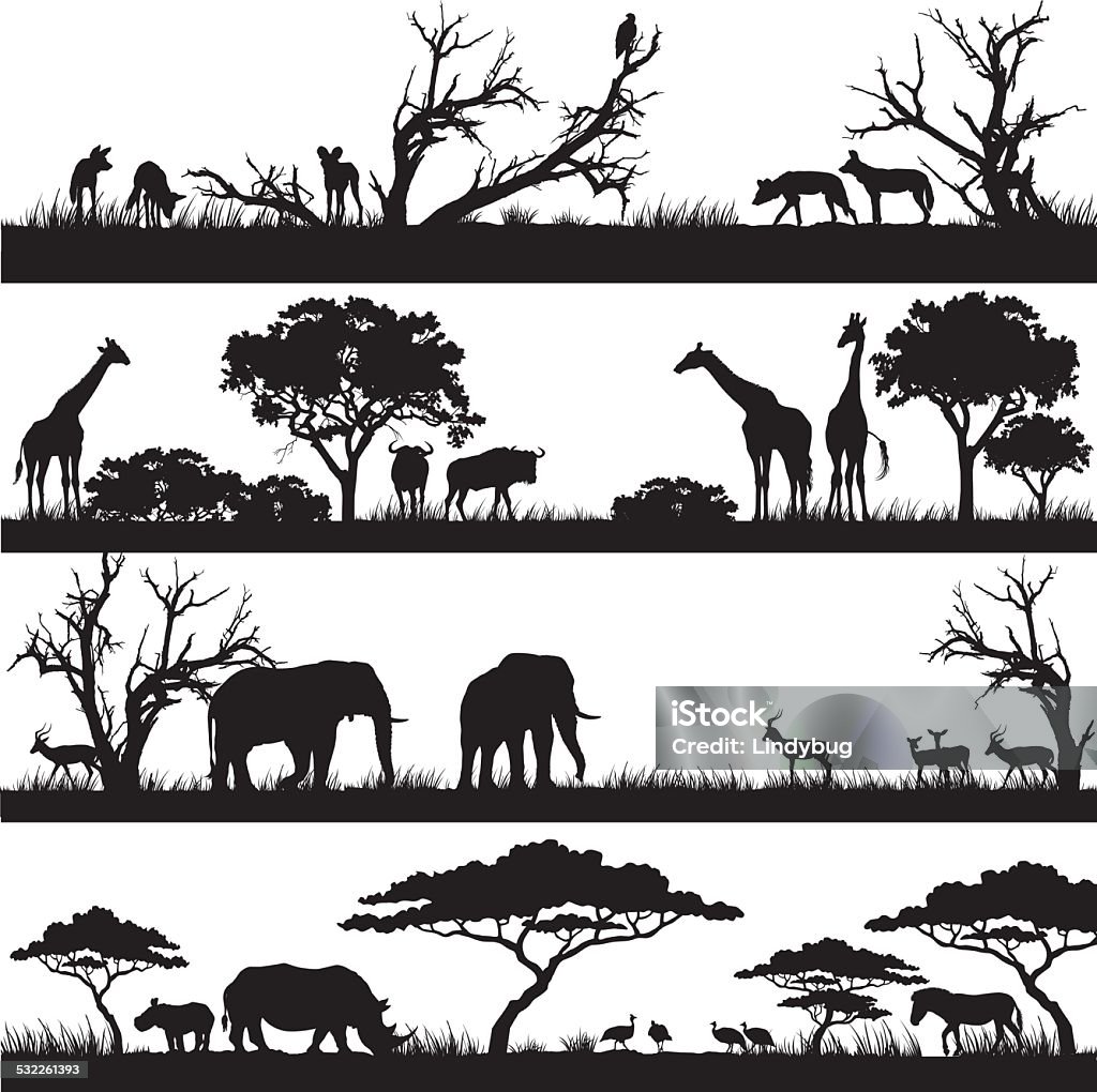 African safari silhouettes Four panels of african silhouettes with african wild animals in different habitats. Vector EPS10 file.  Africa stock vector