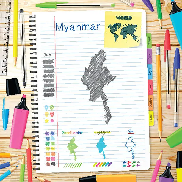 Vector illustration of Myanmar maps hand drawn on notebook. Wooden Background