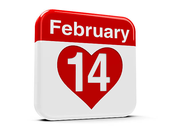 14th February with heart Calendar web button - The fourteenth of February, three-dimensional rendering circa 14th century stock pictures, royalty-free photos & images