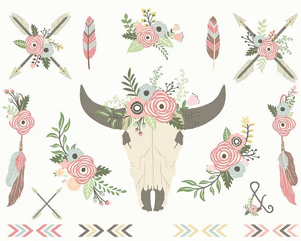 Vector illustration of Floral Tribal Bull Skull- illustration