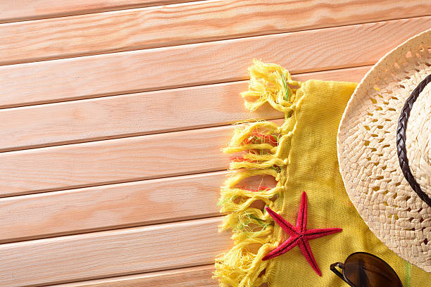 istock Articles of Beach on wooden slats top view 532262318