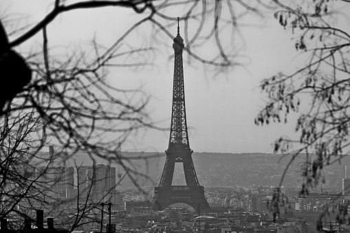 A shot in black and white for the Eiffel Tower area from the Sacre Coeur Church hill.
