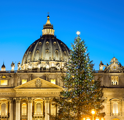 Vatican Rome, Italy - January 13, 2015: St. Peter's Basilica facade and cupola with Christmas tree at dusk
