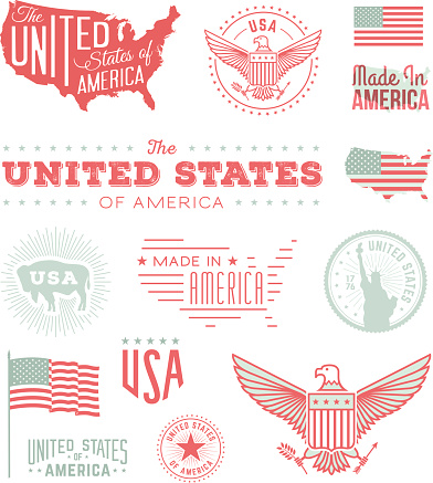 A collection of retro-styled United State of America typography and symbols. Includes a layered Photoshop document.
