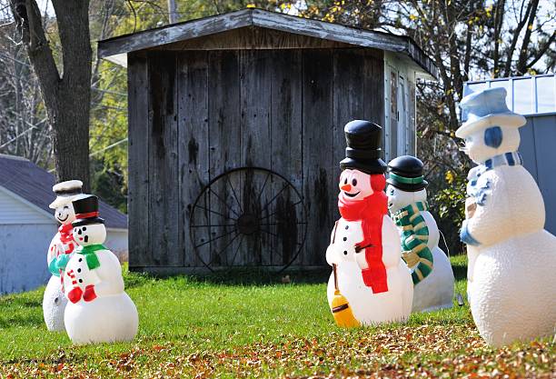 bonecos de neve e abrigo de jardim - scarf hat green glove imagens e fotografias de stock