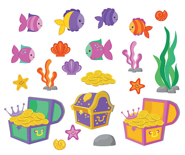 vektor-comic ein satz von design-elemente unterwasserwelt, aquarium. - golden algae stock-grafiken, -clipart, -cartoons und -symbole