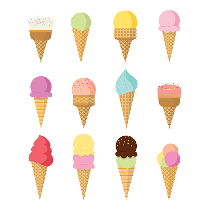 Set of ice cream in cone with fruit, ice cream, ice lollies, chocolate. Vector illustration of ice cream in a flat style cartoon. A collection of ice in cone for design summer menu, ice cream party