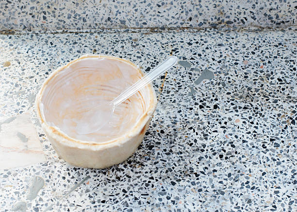 Close up of Empty coconut shell for Coconut ice cream stock photo