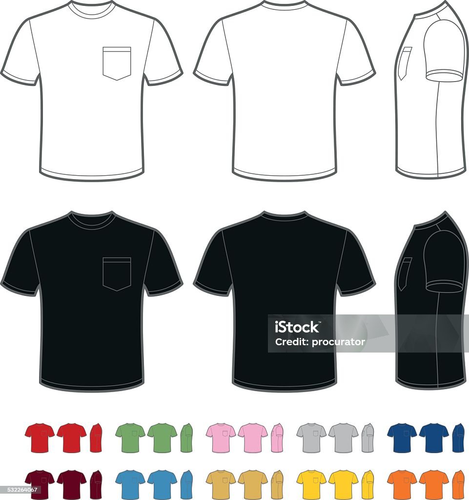 Men's t-shirt with pocket A vector template of a classic men's t-shirt with a pocket. Front, rear and side views. Easy color change. T-Shirt stock vector