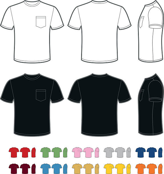 Men's t-shirt with pocket A vector template of a classic men's t-shirt with a pocket. Front, rear and side views. Easy color change. front view stock illustrations