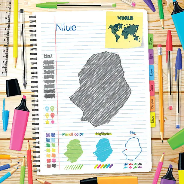 Vector illustration of Niue maps hand drawn on notebook. Wooden Background