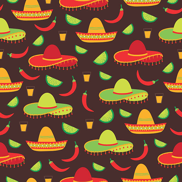 독립 드 메이 요 원활한 ~무늬 칠리고추, 솜브레로, 참피 - shot glass mexican culture lime alcohol stock illustrations