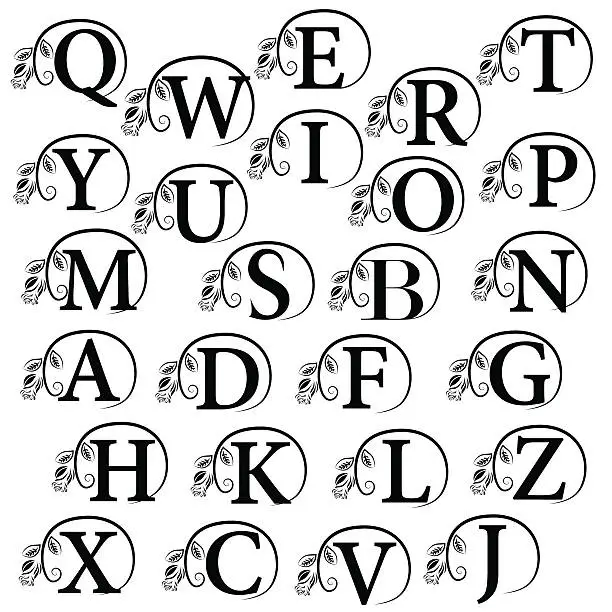 Vector illustration of Vintage Alphabet design element. Emblem letters with rose. Vector illustration