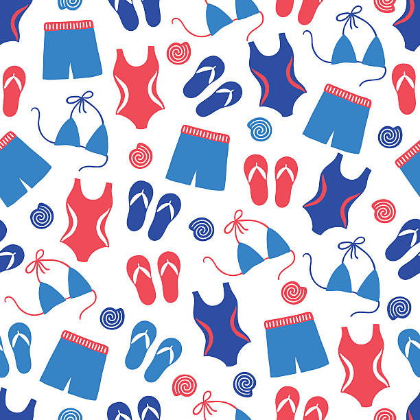 летний бесшовный узор с плавательный одежды, основа, купальник - swimming trunks bikini swimwear red stock illustrations