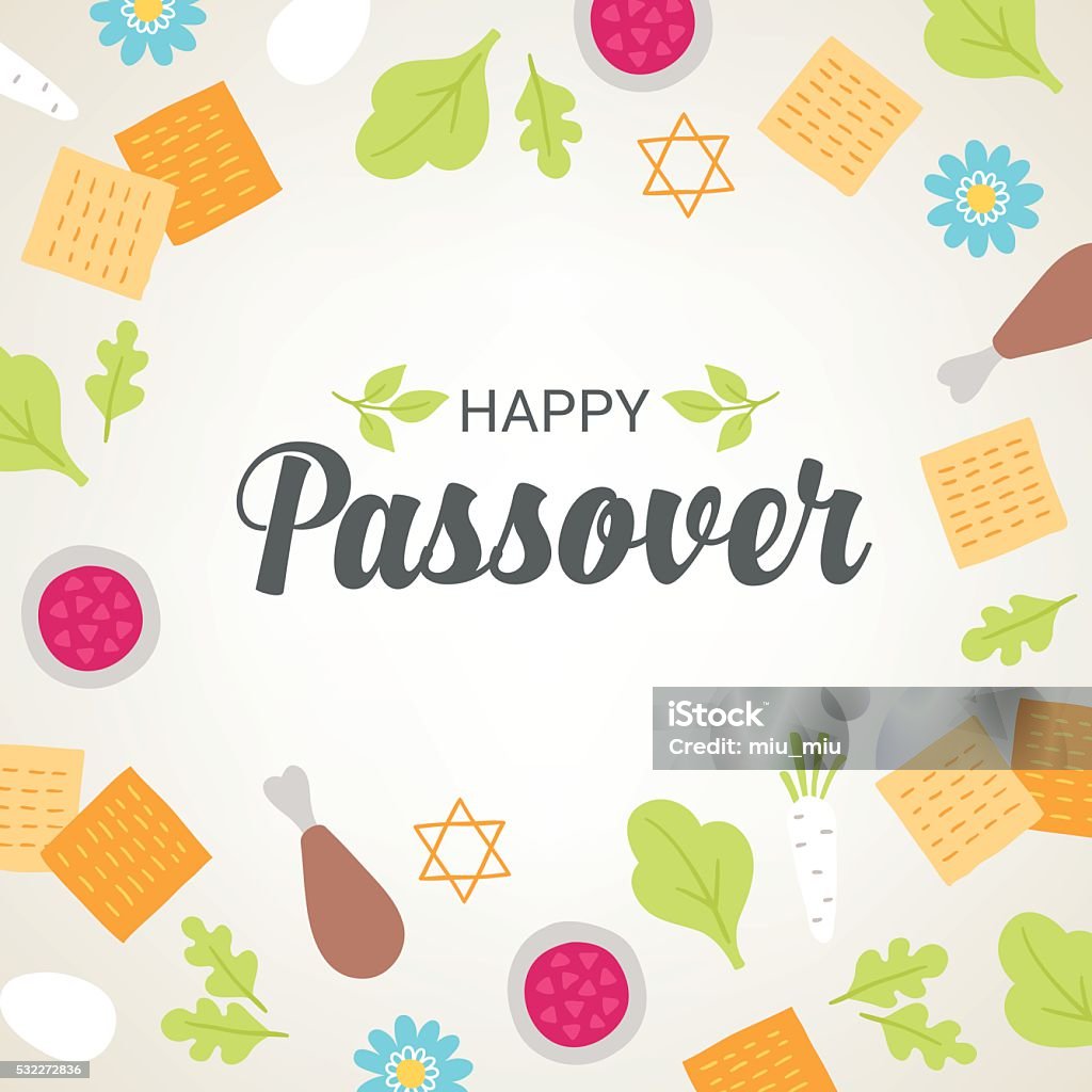 Passover greeting card with seder plate food, flowers Passover greeting card with seder plate food, flowers and Jewish stars on light background. Matzo, egg, horseradish, meat, parsley. Vector illustration Passover stock vector