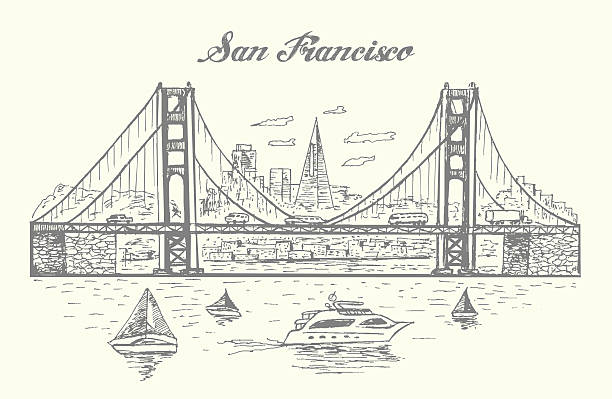 San Francisco Golden Gate bridge illustration San Francisco Golden Gate bridge illustration,hand drawn,sketch style,isolated,vector famous american landmark drawing stock illustrations
