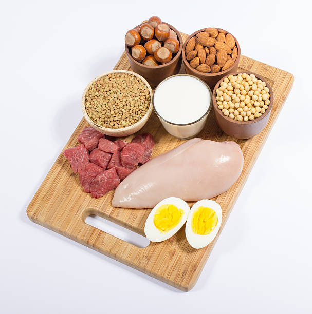 Natural products containing plant and animal proteins. stock photo