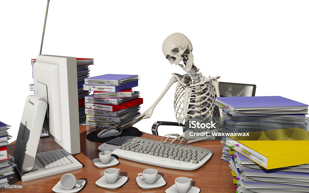 overwork death overwork death with white background Human Skeleton Stock Photo