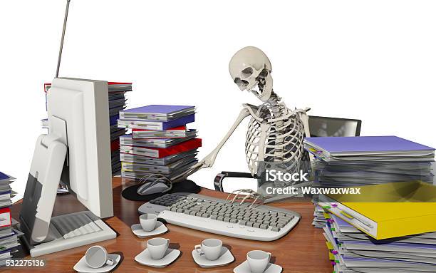 Overwork Death Stock Photo - Download Image Now - Human Skeleton, Humor, Computer