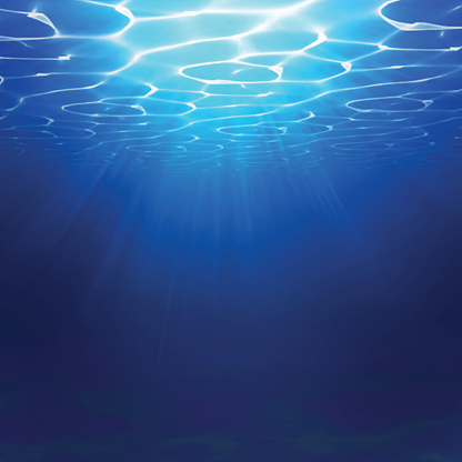 Abstract Underwater background illustration with water waves. Blue underworld realistic backdrop. Ocean or sea floor. Summer diving vector illustration.