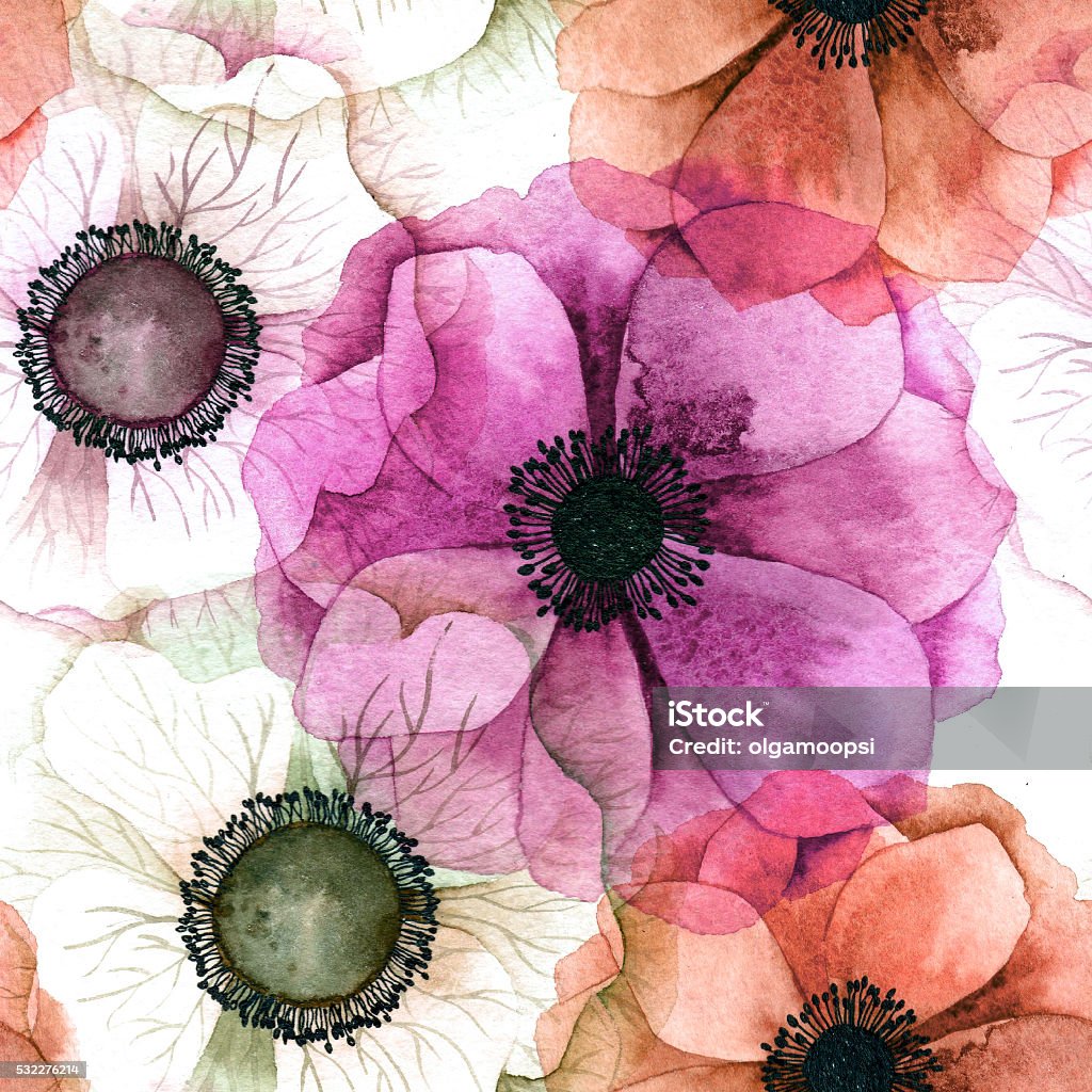 Watercolor seamless pattern with anemones. Watercolor seamless pattern with anemones. Raster texture for banner, invitation or other design. Anemone Flower stock illustration