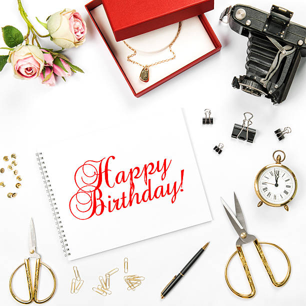 istock Birthday flat lay gift box rose flowers Greetings card 532278396
