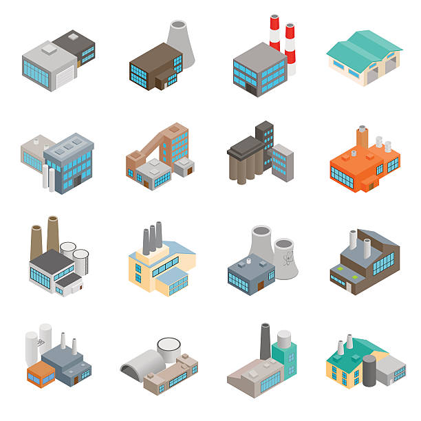 Industrial building factory icons Industrial building factory and power plants isometric 3d icons set isometric factory stock illustrations