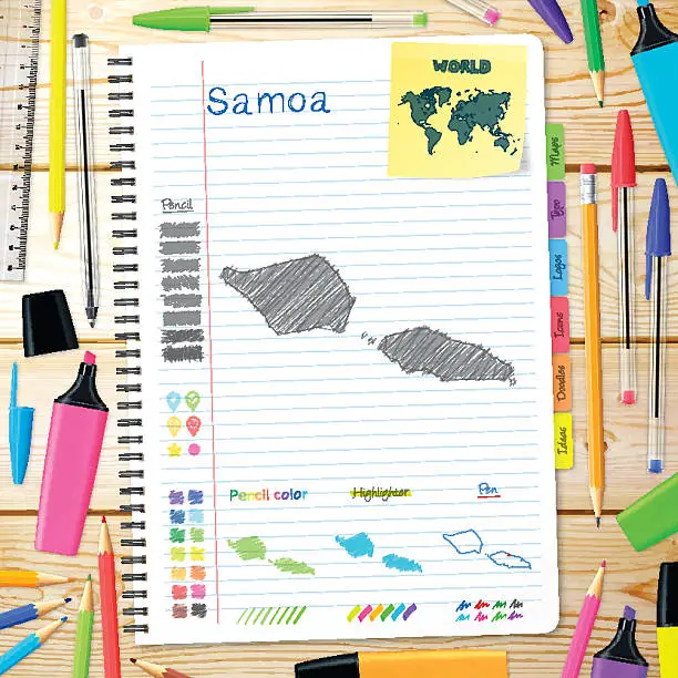 Vector illustration of Samoa maps hand drawn on notebook. Wooden Background