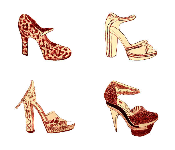 illustrazioni stock, clip art, cartoni animati e icone di tendenza di scarpe eleganti schizzo - etching beautiful entertainment industry